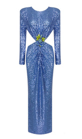 Rückenfreies Maxikleid mit Pailletten und Cut-outs in Blau